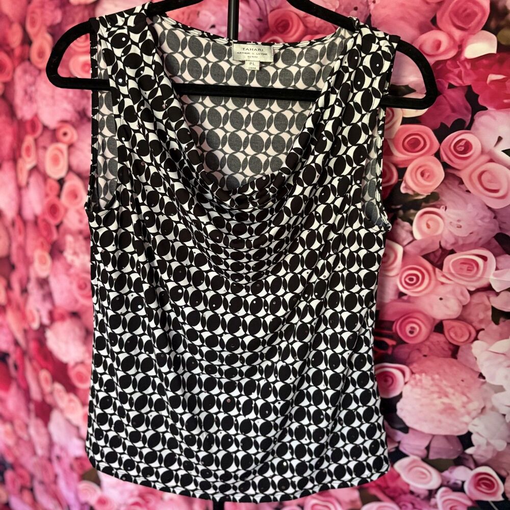 Tahari Sleeveless Blouse Womens PL Black White Geometric Cowl Neck Career Top
